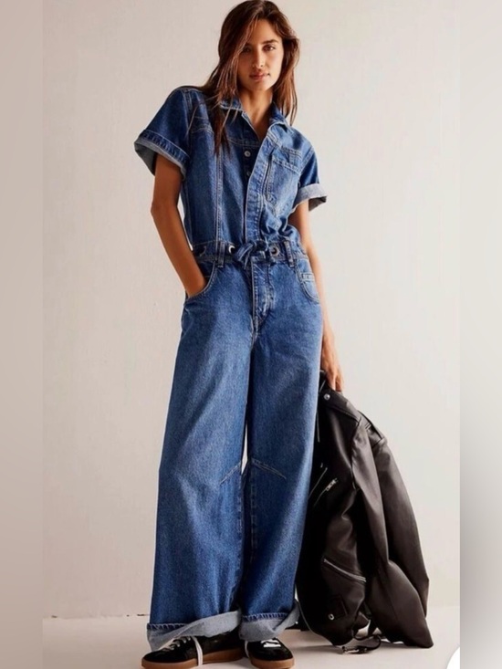 We the Free Pants - Free People We The Free Edison Wide Leg Coverall Boho Cape Blue Jumpsuit M NWOT